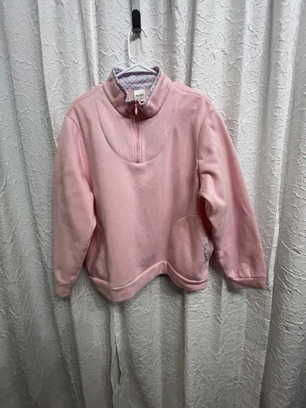 Blair Quarter Zip Sweatshirt Size XL Pink Plaid Collar Fleece Pullover